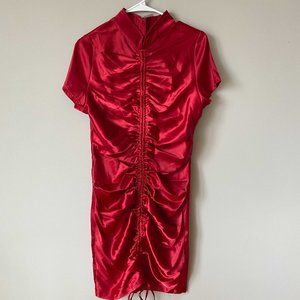 Akira Stand Back Ruched Front Stretch Satin Dress